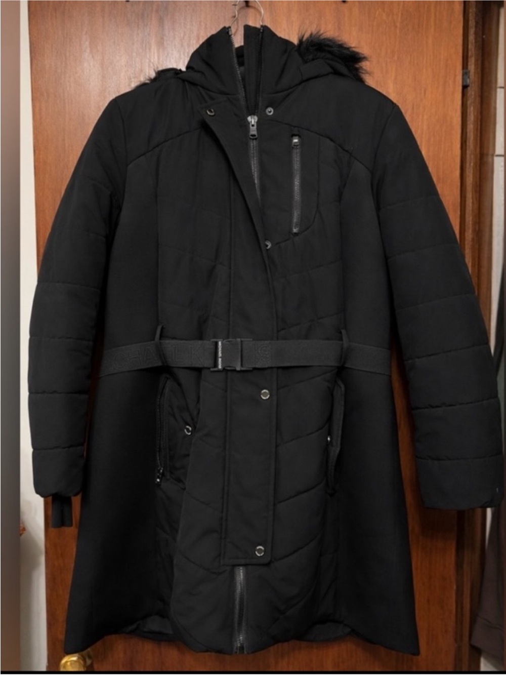 Michael Kors Women’s Plus Size Black Belted Coat w/ Faux Fur Hood - Size 2X
